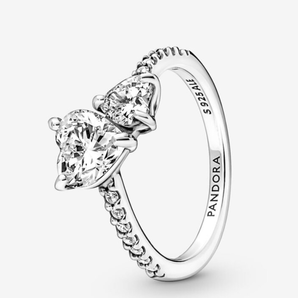 New with tag Pandora double heart ring, sterling silver, clear cubic zirconia